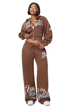 EMBROIDERED MID RISE WIDE LEG SWEATPANT