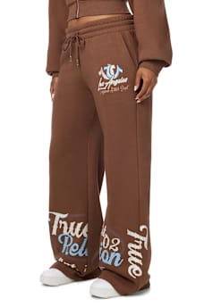 EMBROIDERED MID RISE WIDE LEG SWEATPANT