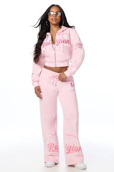EMBROIDERED MID RISE WIDE LEG SWEATPANT