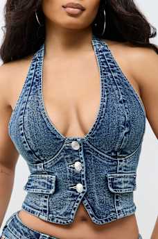 EMBROIDERED DENIM HALTER VEST