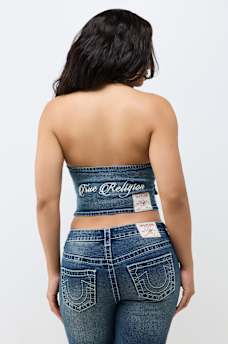 EMBROIDERED DENIM HALTER VEST TOP