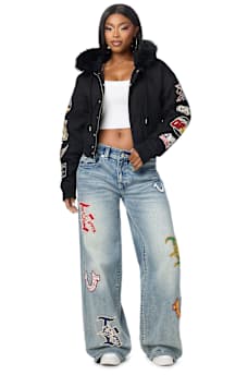 EMBROIDERED SHERPA HOOD FAUX FUR JACKET