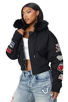 EMBROIDERED SHERPA HOOD FAUX FUR JACKET