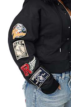 EMBROIDERED SHERPA HOOD FAUX FUR JACKET