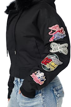 EMBROIDERED SHERPA HOOD FAUX FUR JACKET