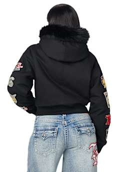 EMBROIDERED SHERPA HOOD FAUX FUR JACKET