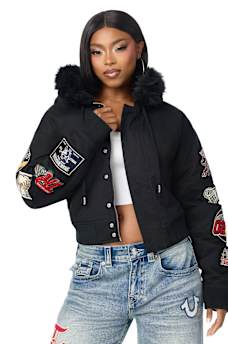 EMBROIDERED SHERPA HOOD FAUX FUR JACKET