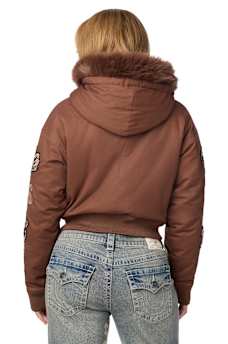EMBROIDERED SHERPA HOOD FAUX FUR JACKET