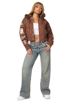 EMBROIDERED SHERPA HOOD FAUX FUR JACKET