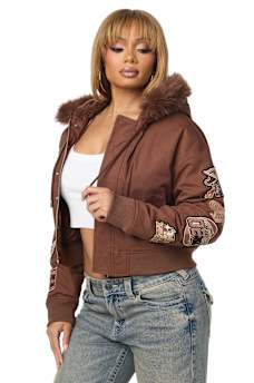 EMBROIDERED SHERPA HOOD FAUX FUR JACKET