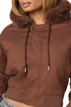 EMBROIDERED SHERPA HOOD FAUX FUR JACKET