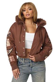 EMBROIDERED SHERPA HOOD FAUX FUR JACKET
