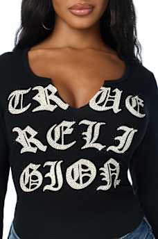CRYSTAL SCRIPT LONG SLEEVE NOTCH RIBBED TEE
