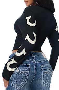 CRYSTAL SCRIPT LONG SLEEVE NOTCH RIBBED TEE