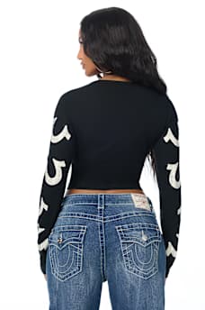 CRYSTAL SCRIPT LONG SLEEVE NOTCH RIBBED TEE