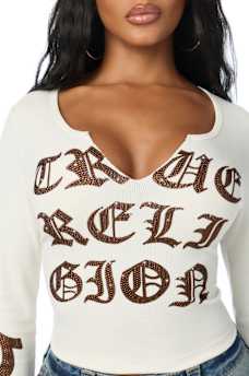 CRYSTAL SCRIPT LONG SLEEVE NOTCH RIBBED TEE
