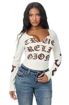 CRYSTAL SCRIPT LONG SLEEVE NOTCH RIBBED TEE