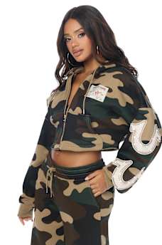 APPLIQU&Eacute; CAMO CUT HEM ZIP HOODIE