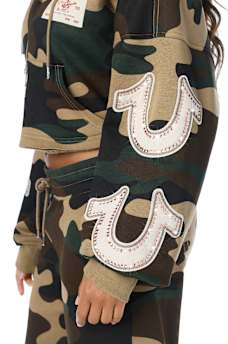 APPLIQU&Eacute; CAMO CUT HEM ZIP HOODIE