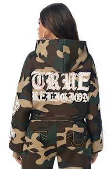APPLIQU&Eacute; CAMO CUT HEM ZIP HOODIE