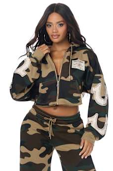 APPLIQU&Eacute; CAMO CUT HEM ZIP HOODIE