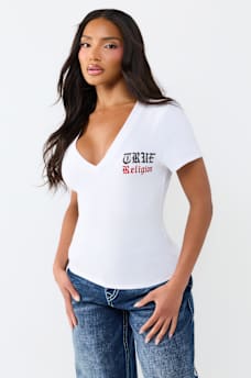 CRYSTAL LOW PLUNGE V-NECK TEE
