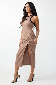 RUCHED RIBBED MIDI DRESS, image 2