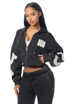 APPLIQU&Eacute; WASHED CUT HEM ZIP HOODIE