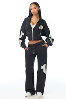 APPLIQU&Eacute; WASHED CUT HEM ZIP HOODIE