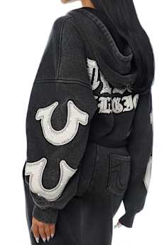 APPLIQU&Eacute; WASHED CUT HEM ZIP HOODIE