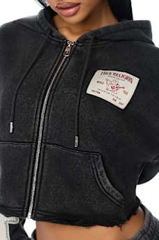 APPLIQU&Eacute; WASHED CUT HEM ZIP HOODIE