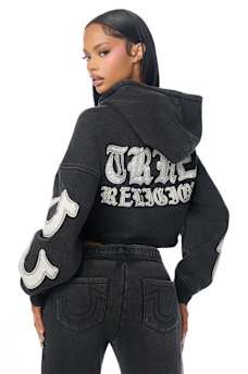 APPLIQU&Eacute; WASHED CUT HEM ZIP HOODIE