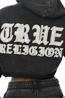 APPLIQU&Eacute; WASHED CUT HEM ZIP HOODIE