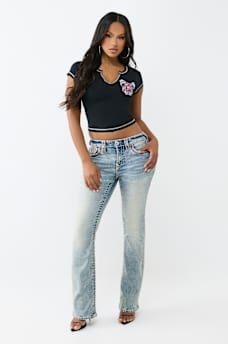 BECCA MID RISE SUPER T APPLIQU&Eacute; FLAP BOOTCUT JEAN, image 3