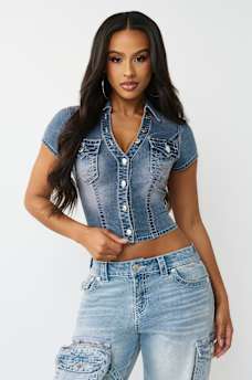SNATCHED SHORT SLEEVE DENIM SHIRT, image 2