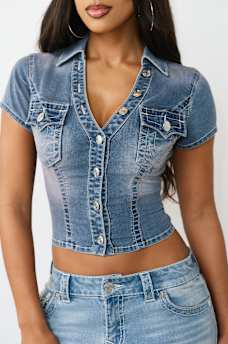 SNATCHED SHORT SLEEVE DENIM SHIRT, image 1