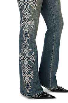 BECCA MID RISE CROSS BIG T BOOTCUT JEAN