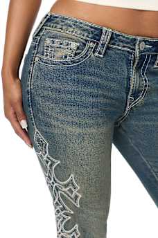 BECCA MID RISE CROSS BIG T BOOTCUT JEAN