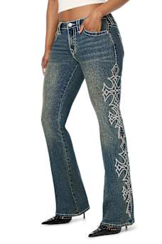 BECCA MID RISE CROSS BIG T BOOTCUT JEAN