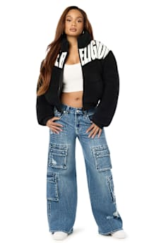 FAUX LEATHER YOKE SHERPA PUFFER JACKET
