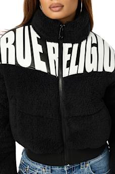 FAUX LEATHER YOKE SHERPA PUFFER JACKET