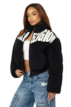 FAUX LEATHER YOKE SHERPA PUFFER JACKET