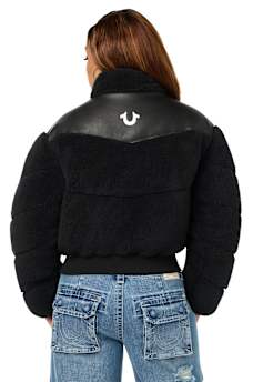 FAUX LEATHER YOKE SHERPA PUFFER JACKET