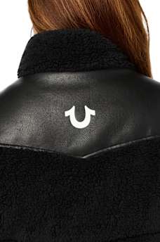 FAUX LEATHER YOKE SHERPA PUFFER JACKET