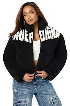 FAUX LEATHER YOKE SHERPA PUFFER JACKET