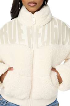 FAUX LEATHER YOKE SHERPA PUFFER JACKET