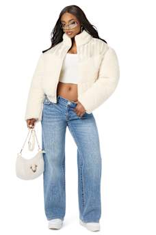FAUX LEATHER YOKE SHERPA PUFFER JACKET