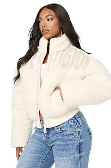 FAUX LEATHER YOKE SHERPA PUFFER JACKET