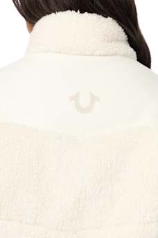 FAUX LEATHER YOKE SHERPA PUFFER JACKET