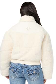 FAUX LEATHER YOKE SHERPA PUFFER JACKET